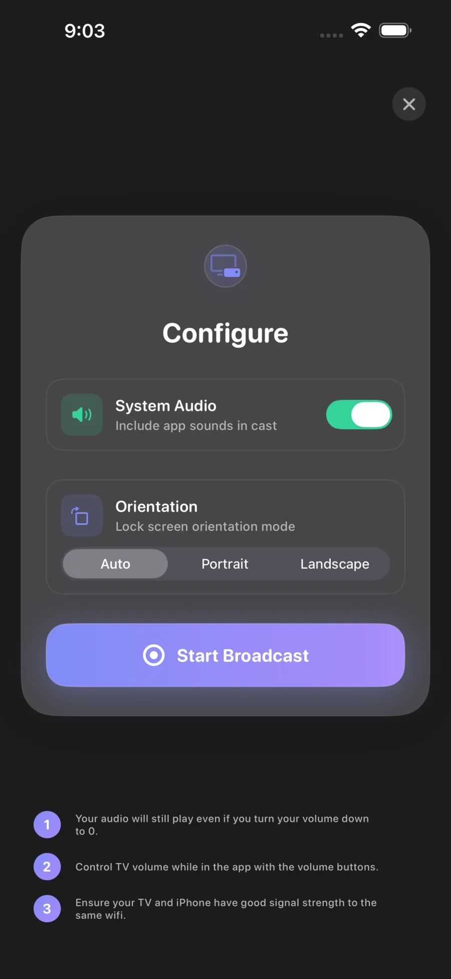 Mirroring for Chromecast: CastX: Broadcast setup
